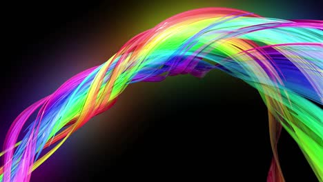 4k colorful looped animation of a rainbow colors tape with neon light moving in a circle as abstract background with lines and ribbons. luma matte is included as alpha channel for compositing. 45