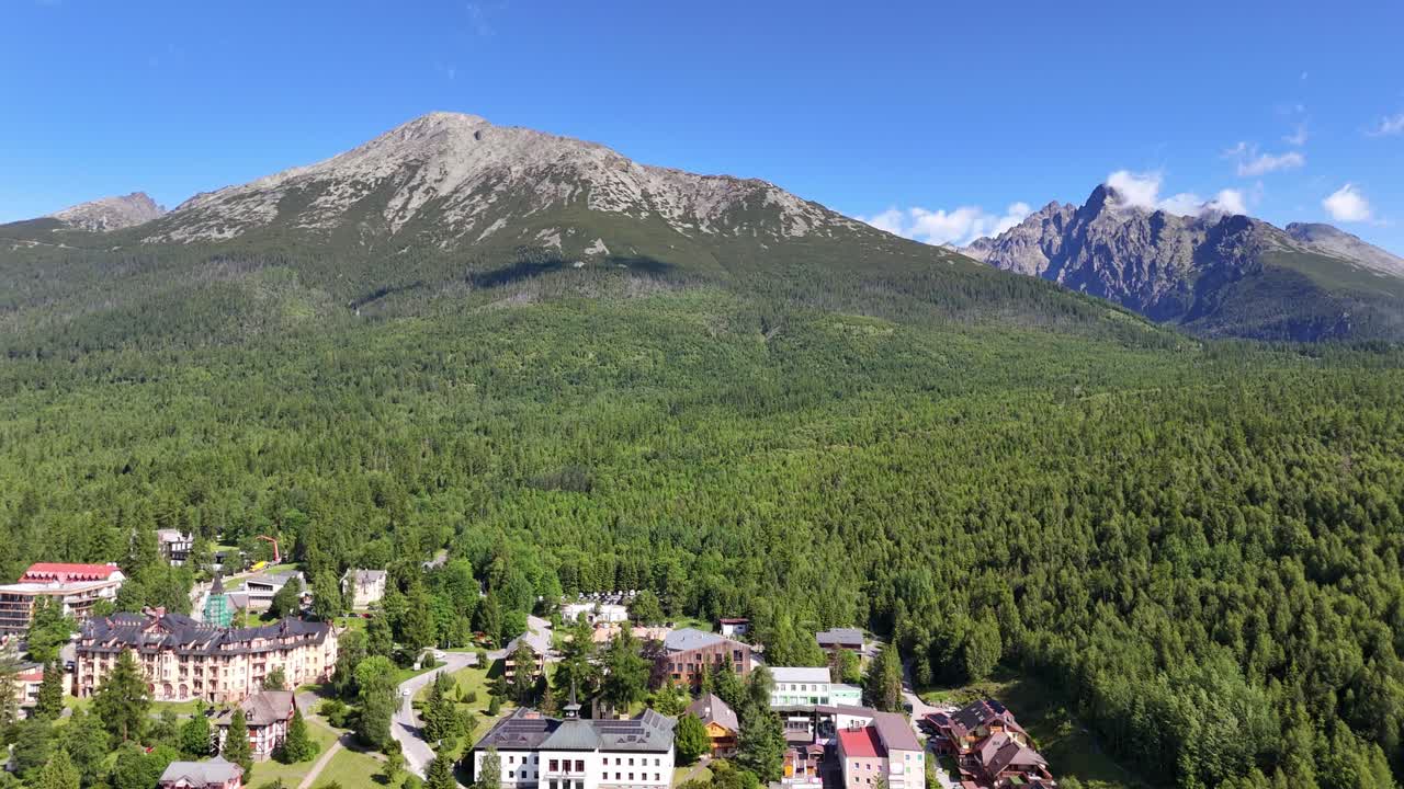 Drone footage of Starý Smokovec in Slovakia’s High Tatras. Captures majestic peaks, dense forests, and serene mountain views on a bright summer day
