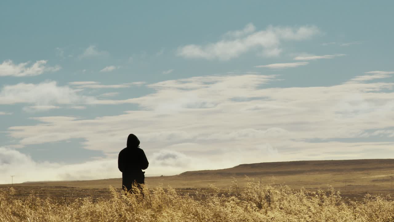 toma amplia de silueta en cámara lenta de una fotografía de pie en un campo en islandia en un día claro de verano