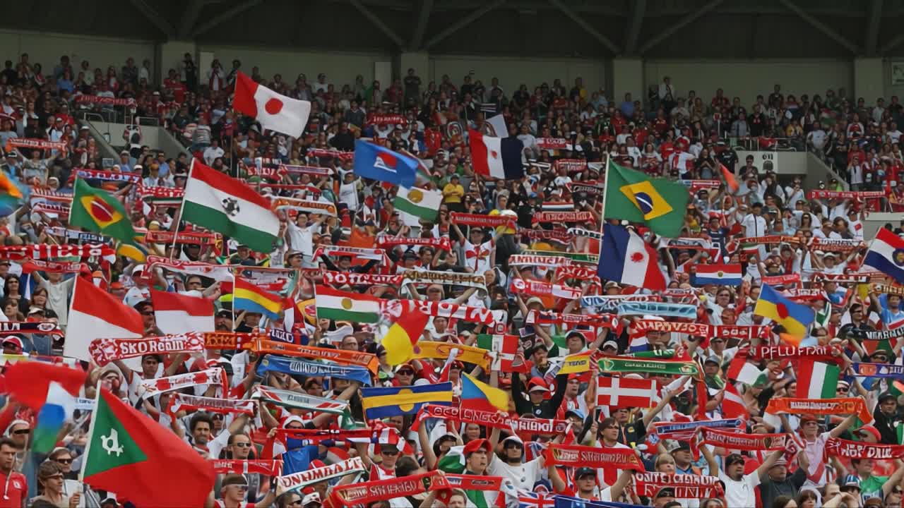 Spectacular Display of National Pride: A Vibrant Crowd Waves Flags and Scarves in Unison, Creating a Colorful Tapestry of Unity and Support for Their Teams