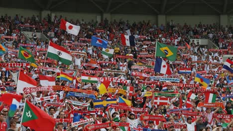 spectacular display of national pride: a vibrant crowd waves flags and scarves in unison, creating a colorful tapestry of unity and support for their teams