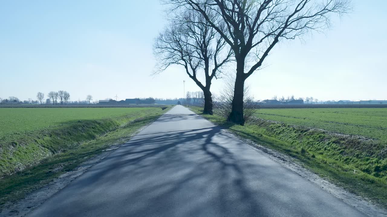 Kørsel på en tom landevej med bare træer og grønne marker.