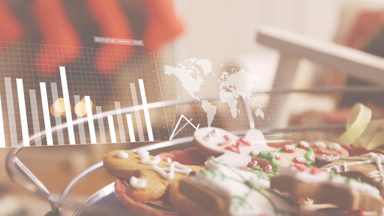 Grid overlay initiating, charts animating, map emerging over gingerbread cookies showing analytics