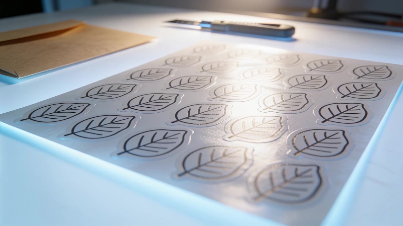 Panning camera revealing clear leaf sticker sheet at desk, showing lamp glare and kraft envelope