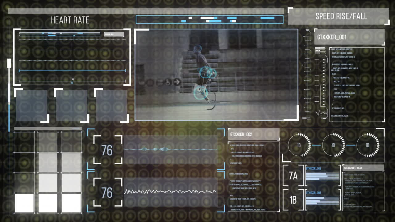 Analyzing athlete's performance, digital interface showing heart rate and speed animation