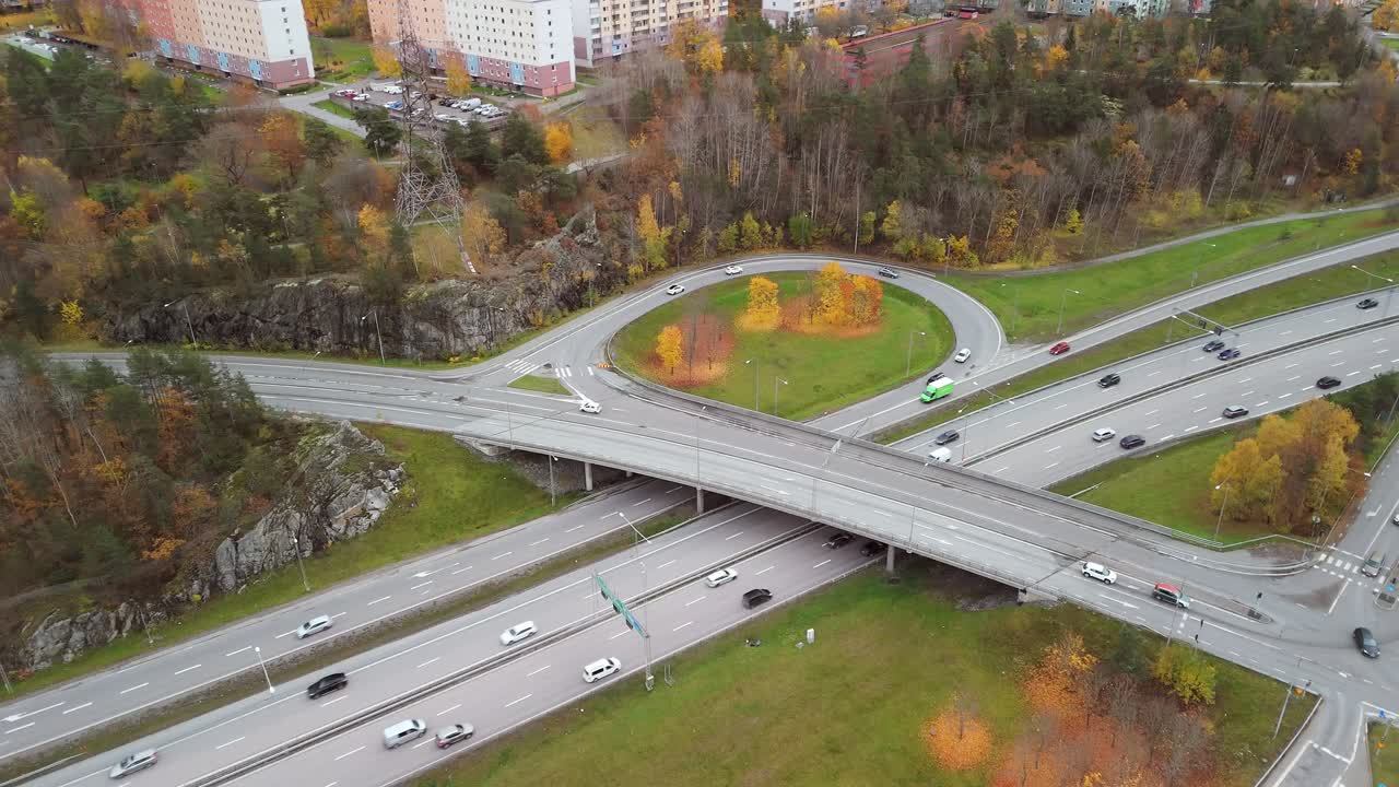 Aerial view of a big intersection in Sweden
