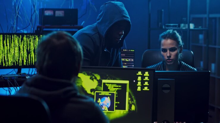 hinten der hacker, der im dunkeln am computer arbeitet, und vor ihm gemischte rassen, ein paar männliche und weibliche softwareentwickler, die sich unterhalten und etwas diskutieren