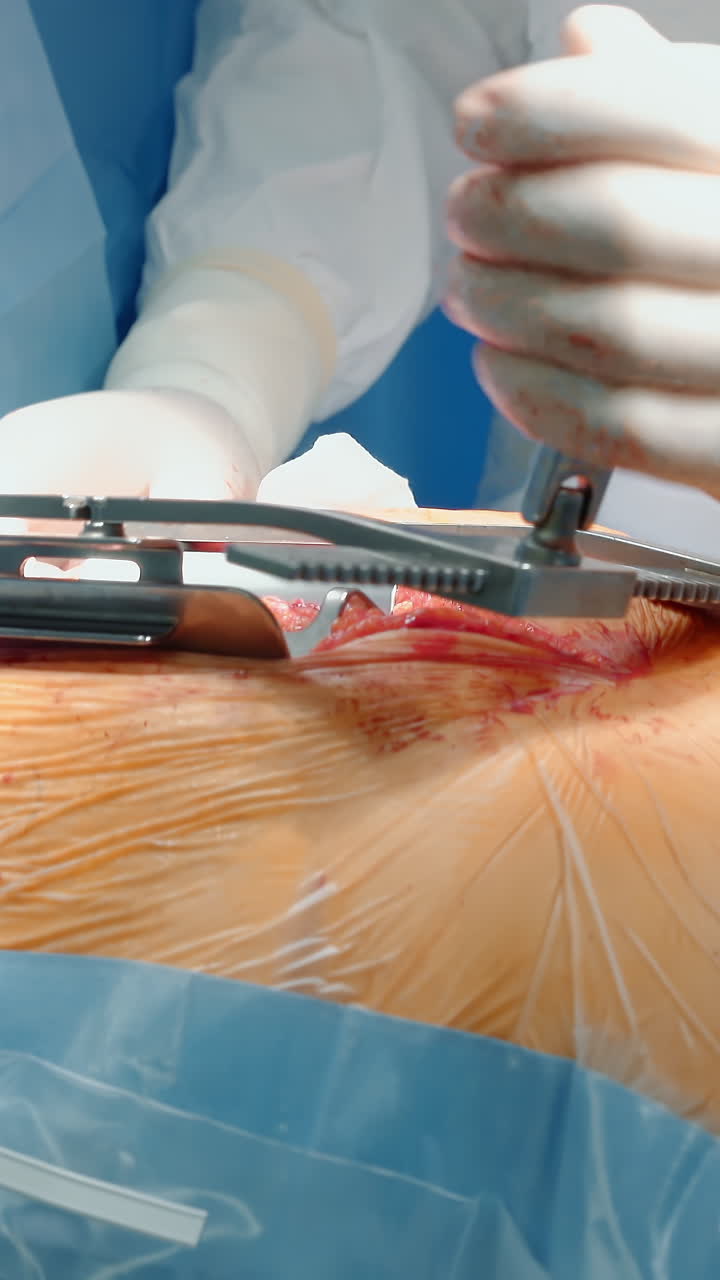 el cirujano expande el pecho del paciente con un primer plano del dilatador. el médico prepara la herida para una cirugía de derivación de la arteria coronaria en el hospital. procedimientos médicos