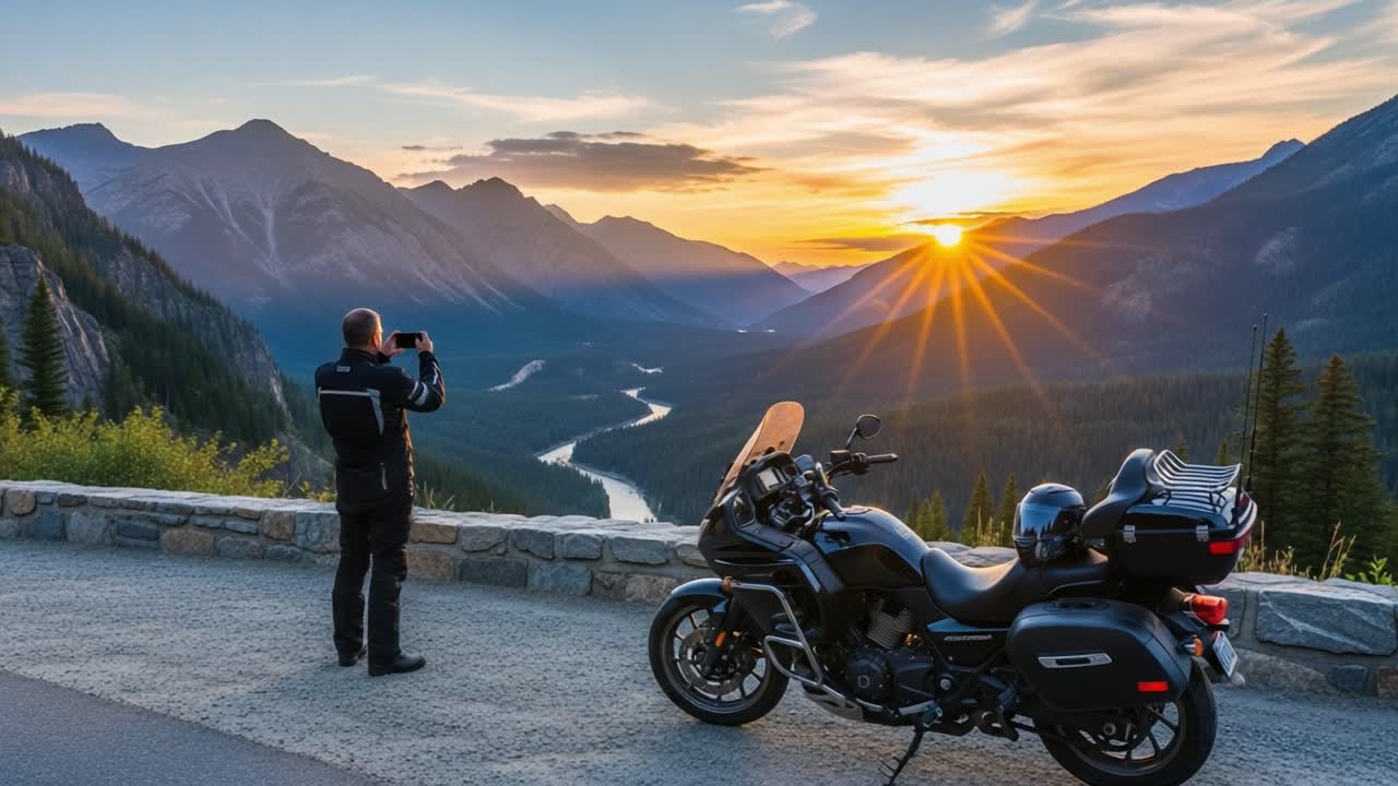 A Motorcyclist Captures the Breathtaking Sunset View Over the Valley While Standing by His Bike in the Serene Mountain Landscape