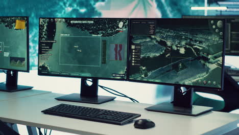 sala de monitoreo de control de drones militares vacía equipada con una gran pantalla