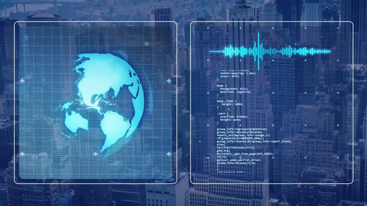 Animation of data processing with globe over cityscape