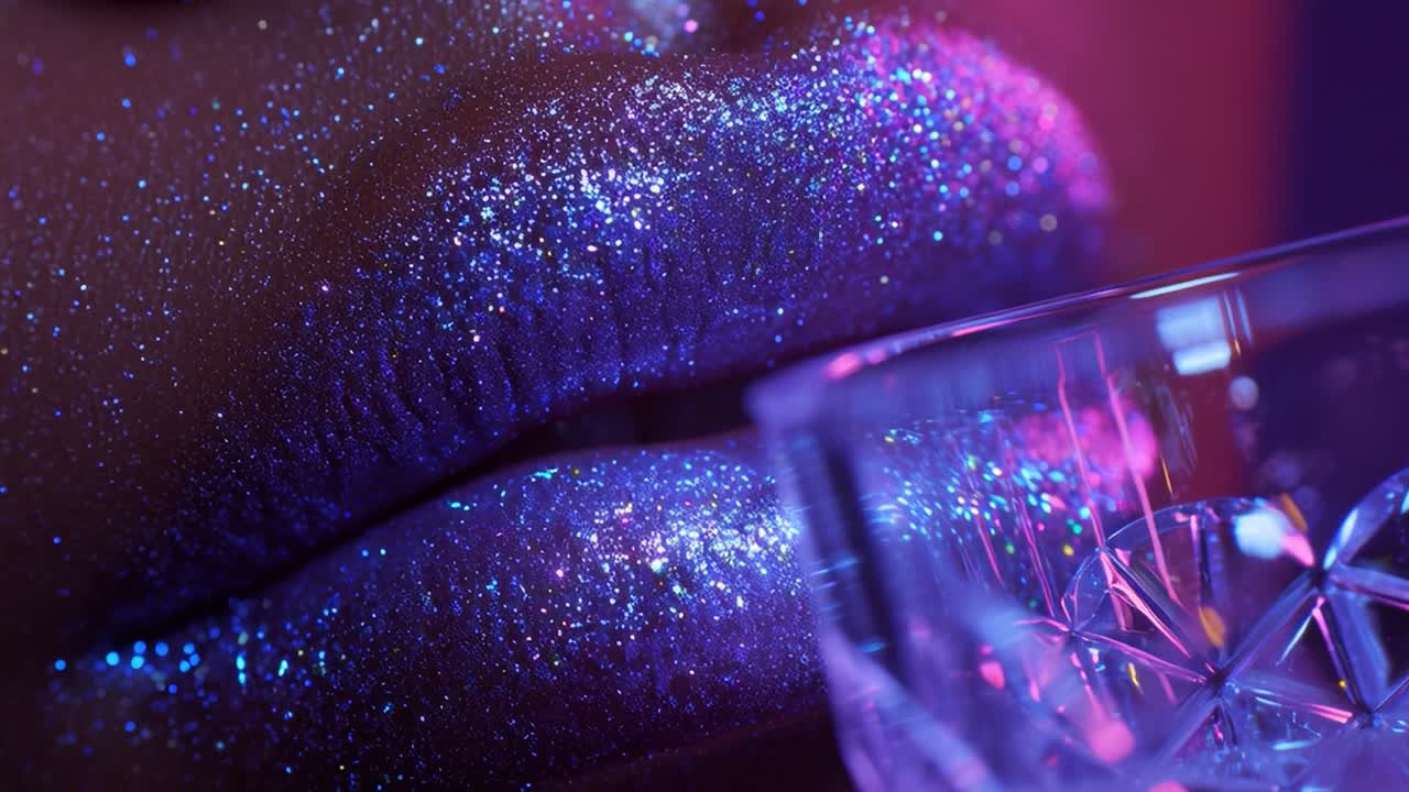 Glistening Lips Close-Up Captured in Glamorous Neon Lighting, Showcasing a Dazzling Glitter Effect and an Elegant Crystal Glass That Adds to the Captivating Visual Aesthetic of the Scene