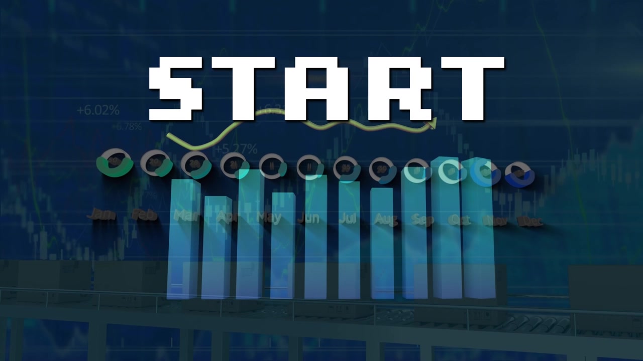 Animation of start text with statistics and data processing over boxes on conveyor belt
