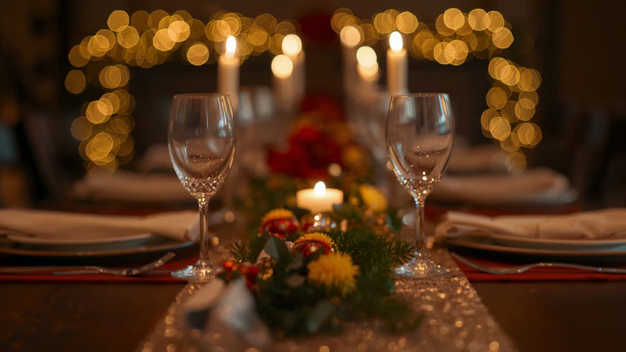Opening shot following holiday table at home, showing two crystal glasses, votive, twinkling lights