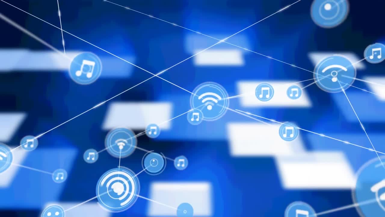animación de redes de conexiones con iconos sobre formas azules sobre fondo negro