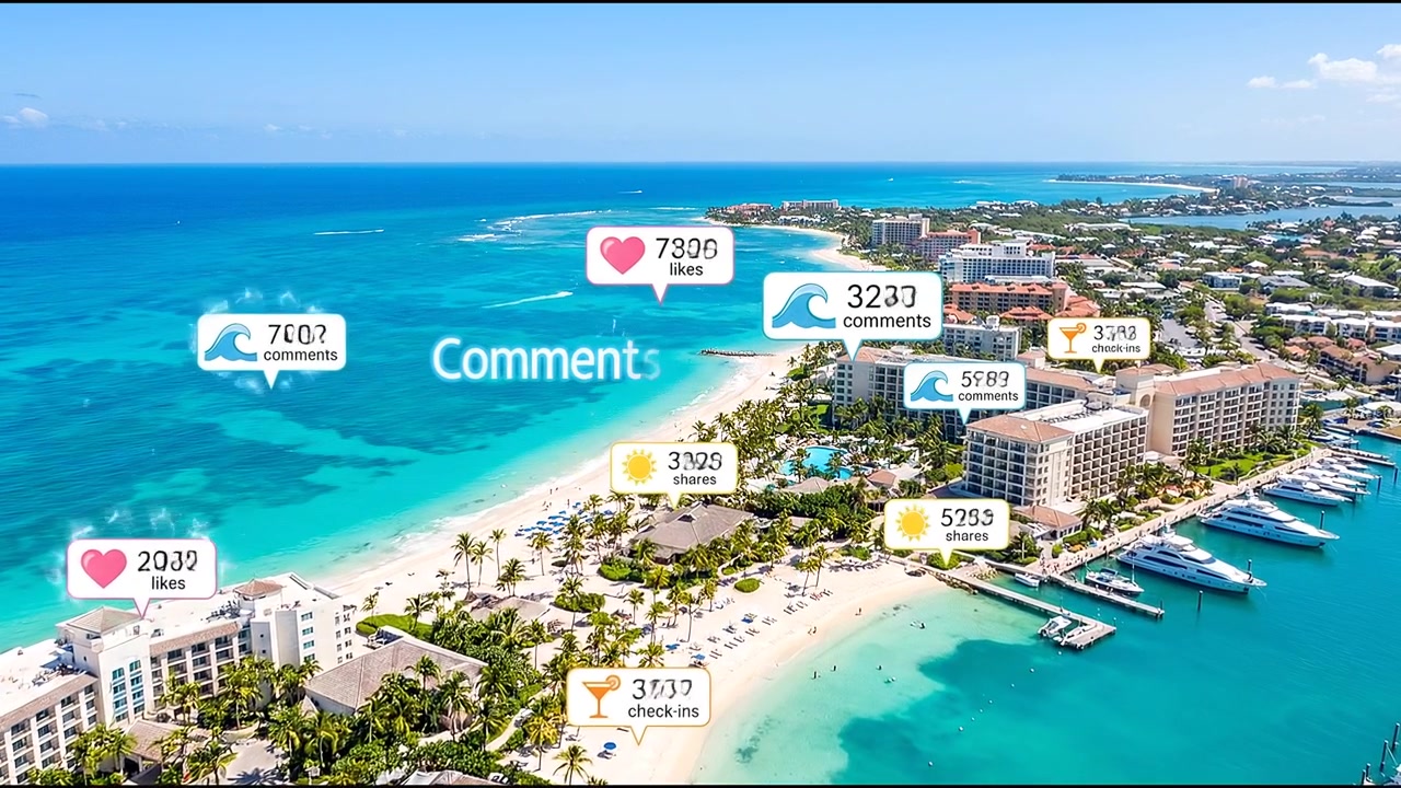 Aerial view of tropical resort with social media likes, comments, and shares floating above beach and hotel buildings, digital engagement overlay