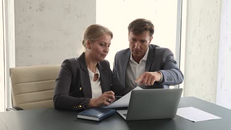 middle-aged colleagues work together on corporate task use laptop