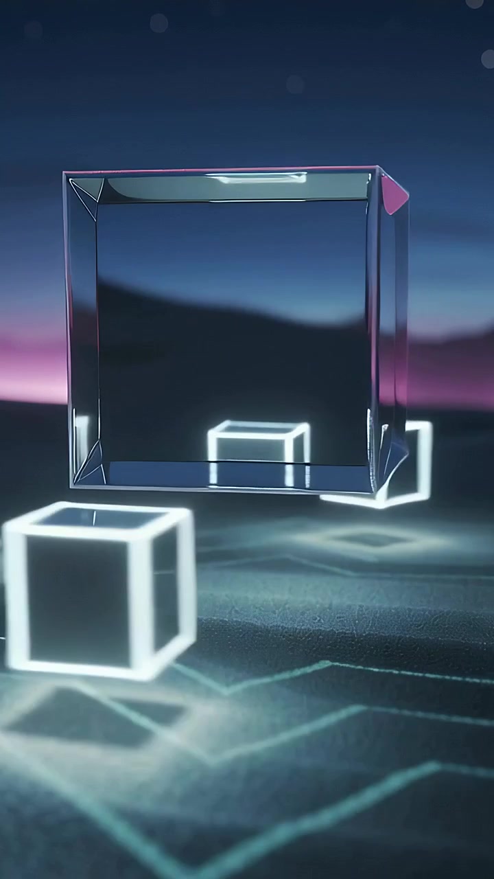 Video verticale: un cubo wireframe che sale orbitando attorno a un cubo di vetro sopra un pavimento al neon, allineandosi nella nebbia