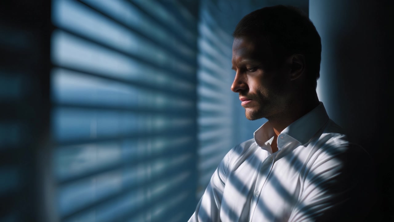 Un uomo contemplativo guarda pensieroso attraverso le persiane a strisce, immerso nei pensieri mentre le ombre danzano sul suo viso, catturando un momento di introspezione e solitudine.