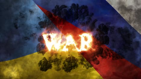 war written in letters on fire above waving burning flags of ukraine and russia with bombs and soldier dying in background