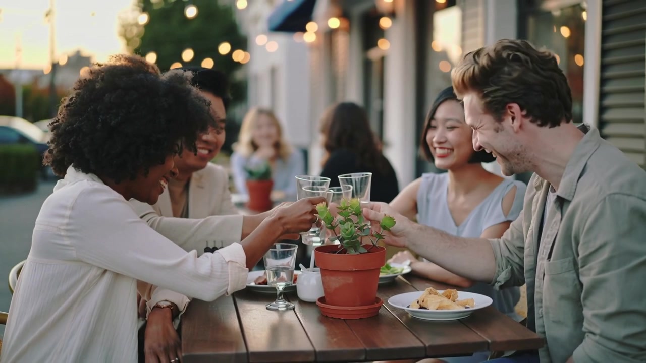 Lifting glasses four friends in smart clothes celebrating at sidewalk cafe, touching terracotta pot