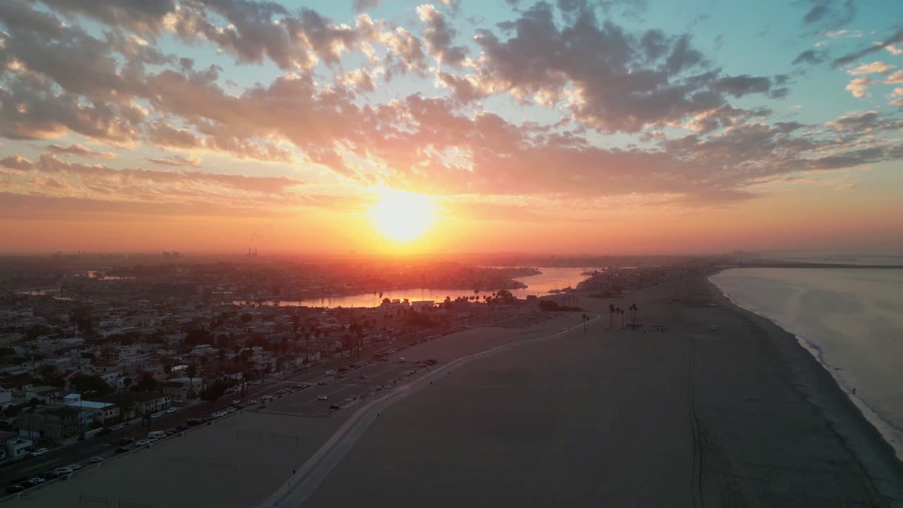 Long Beach sunrise aerial over the Pacific coastline, California