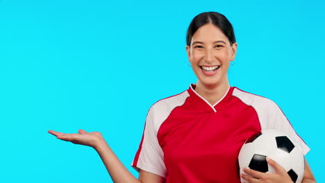 Woman-face,-soccer-ball-and-hand-show-product