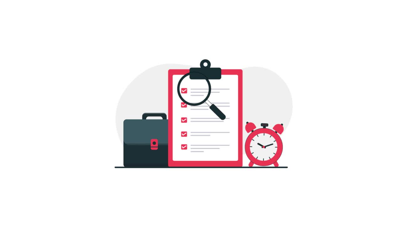 Checklist animata con lente d'ingrandimento, ventiquattrore e sveglia