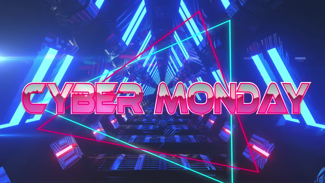 사이버 월요일 텍스트의 애니메이션 삼각형에 대해 루핑 삼각형 터널을 배경으로