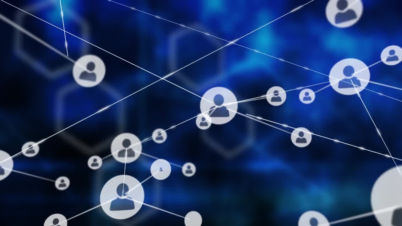 animación de la red de conexiones con iconos sobre formas sobre fondo negro