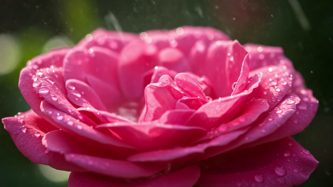 Un impresionante primer plano de una rosa rosa con gotas de rocío brillando bajo una lluvia suave, capturando la belleza de la naturaleza en pleno esplendor.