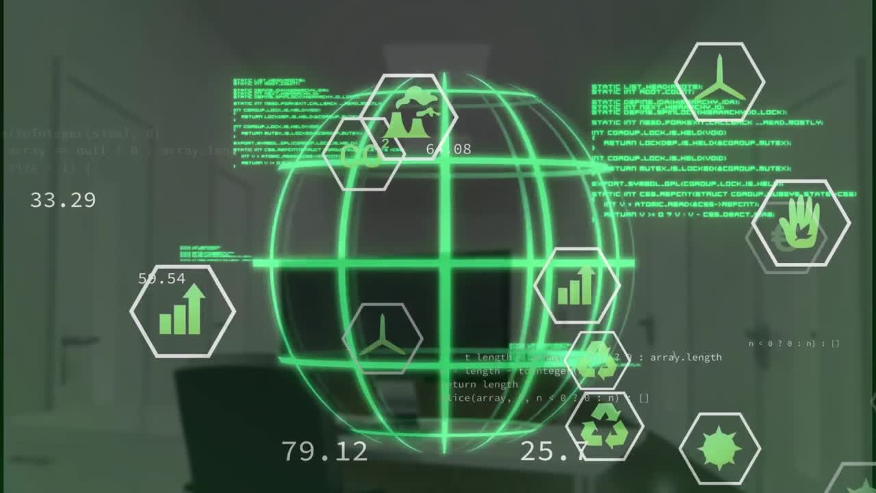 animación del globo sobre el lenguaje informático y los iconos sobre la silla y el escritorio desocupados en la oficina