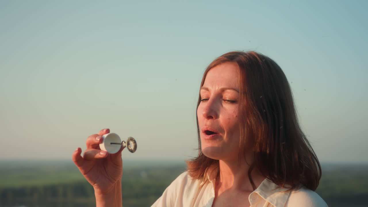 Fair woman in white blouse and green dress standing on hilltop above river valley at dusk, blowing soap bubbles drifting past tall grasses amid swirling insects under soft pastel sky