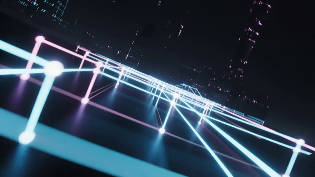 Moving camera revealing neon grid pulsing nodes to form raised bridge over glossy plane to horizon