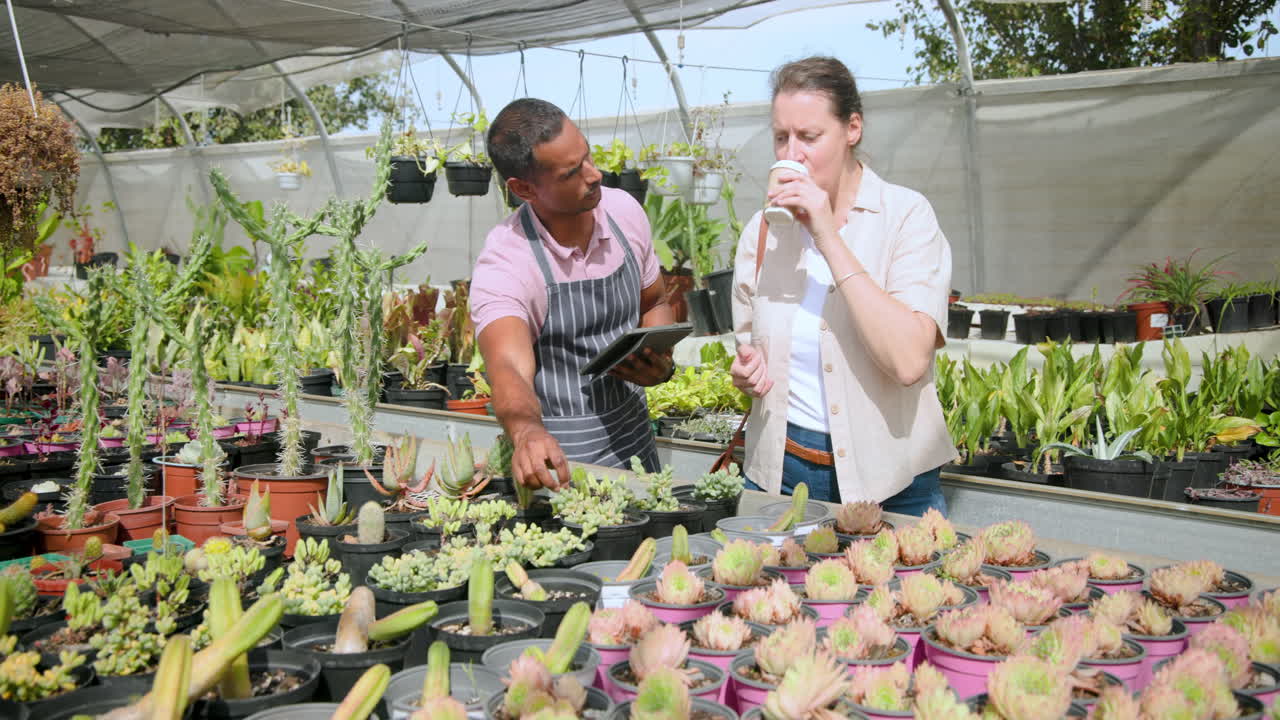 Gardening expert showing plant details on tablet to customer in greenhouse