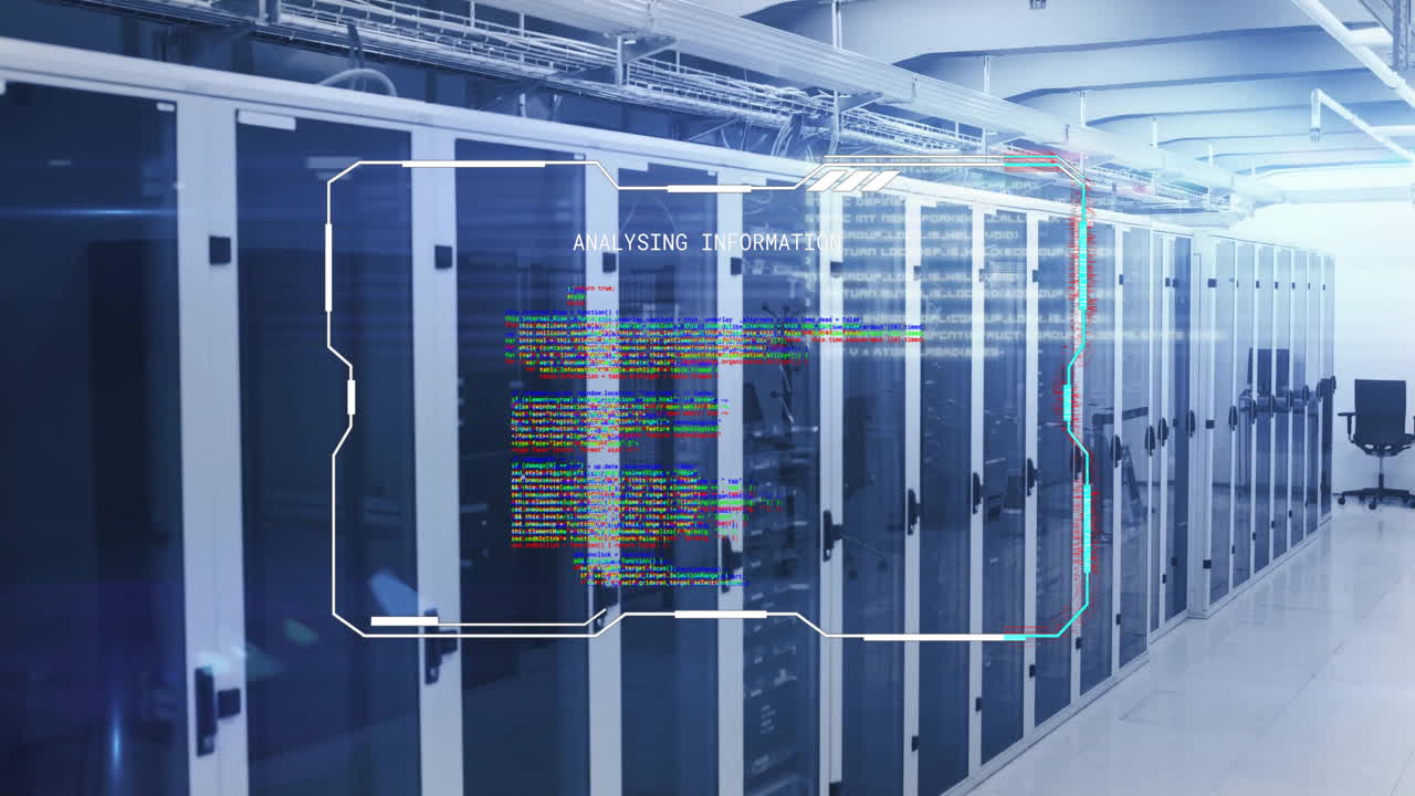 Data processing animation over server racks in data center