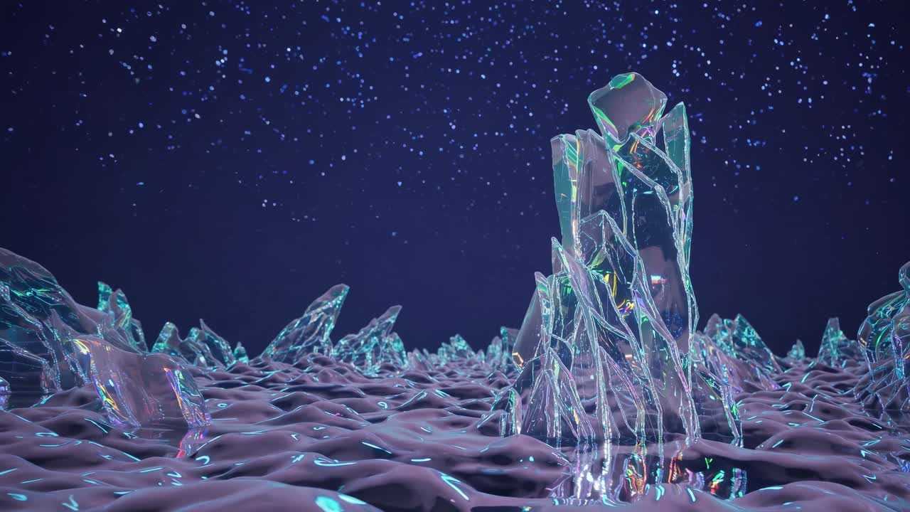 Ethereal landscape featuring shimmering crystalline formations rising from a fluid surface under a starry night sky, showcasing the enchanting beauty of a surreal environment