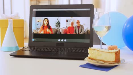 Laptop-with-Family-Having-Virtual-Birthday-Party.people,-technology-and-online-communication-concept-laptop-with-family-having-video-call-or-virtual-birthday-party-on-screen,-cake,-gift-box-and-coffee-on-table-at-home