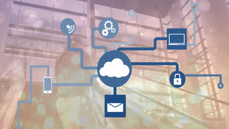 composition of network of digital icons and changing office