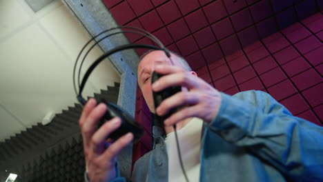 a man in a blue shirt and white inner shirt adjusts headphones before recording, set against a dynamic red and black studio backdrop, capturing preparation and focus