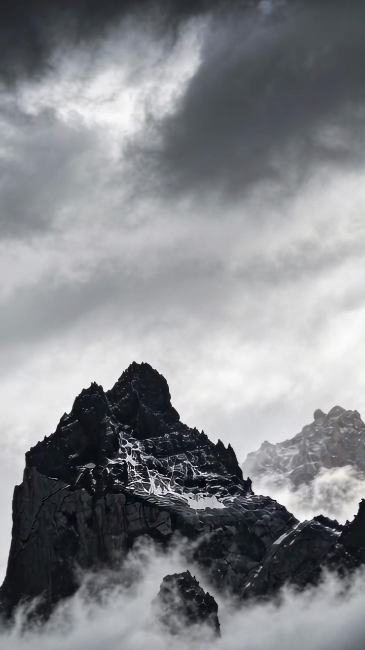 Vertical video: Wind-driven clouds thinning, revealing jagged peak in alpine valley, exposing snow