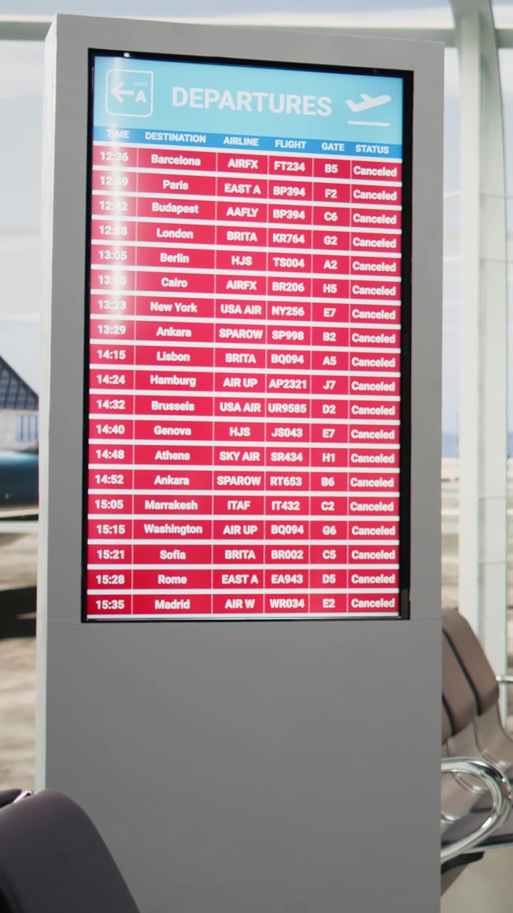 Video vertical: Aeropuerto vacío con alerta de todos los vuelos cancelados en la pantalla de salidas
