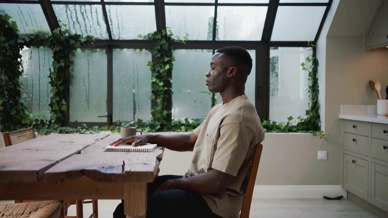 Pausing man in beige shirt resting on spiral notebook as light diffusing at sunroom, copy space