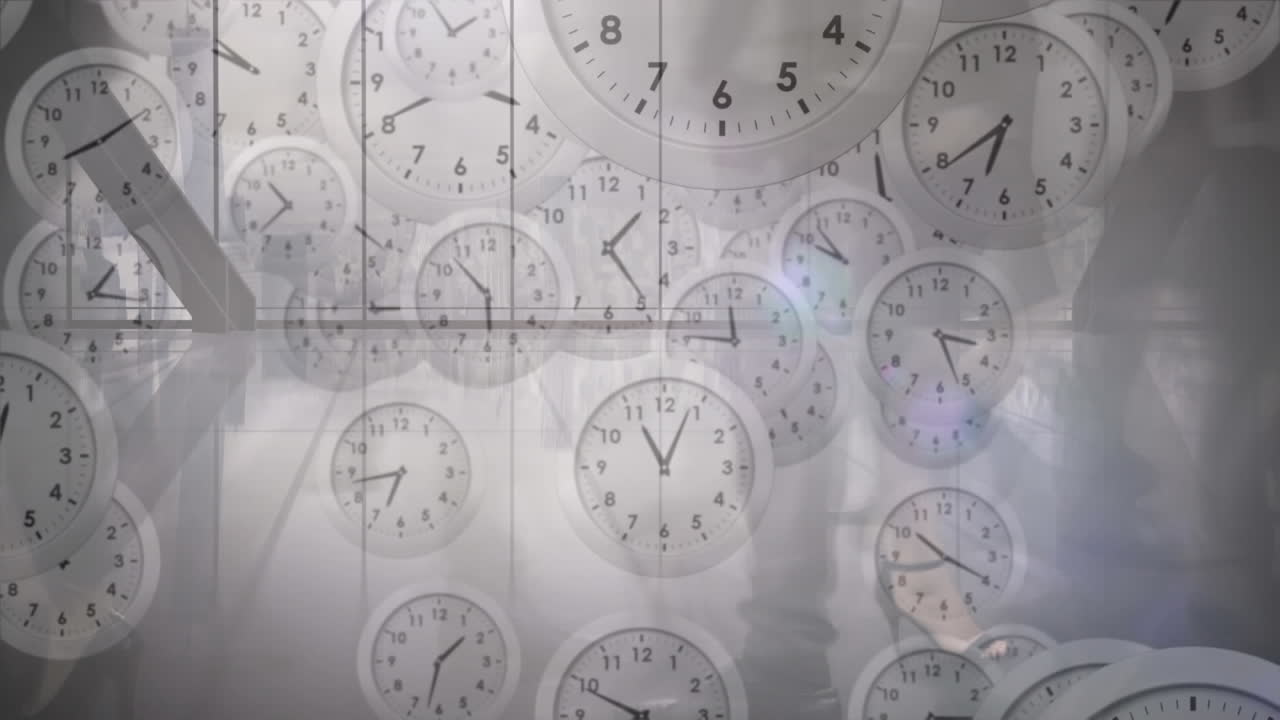 Animation of multiple ticking clocks falling against time-lapse of businesspeople walking at office