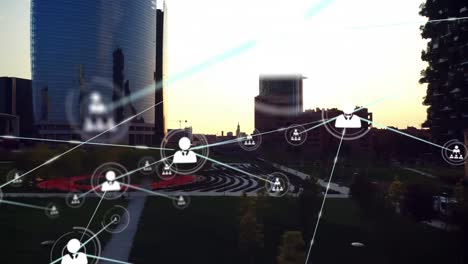 animación de la red de conexiones con iconos sobre el paisaje urbano