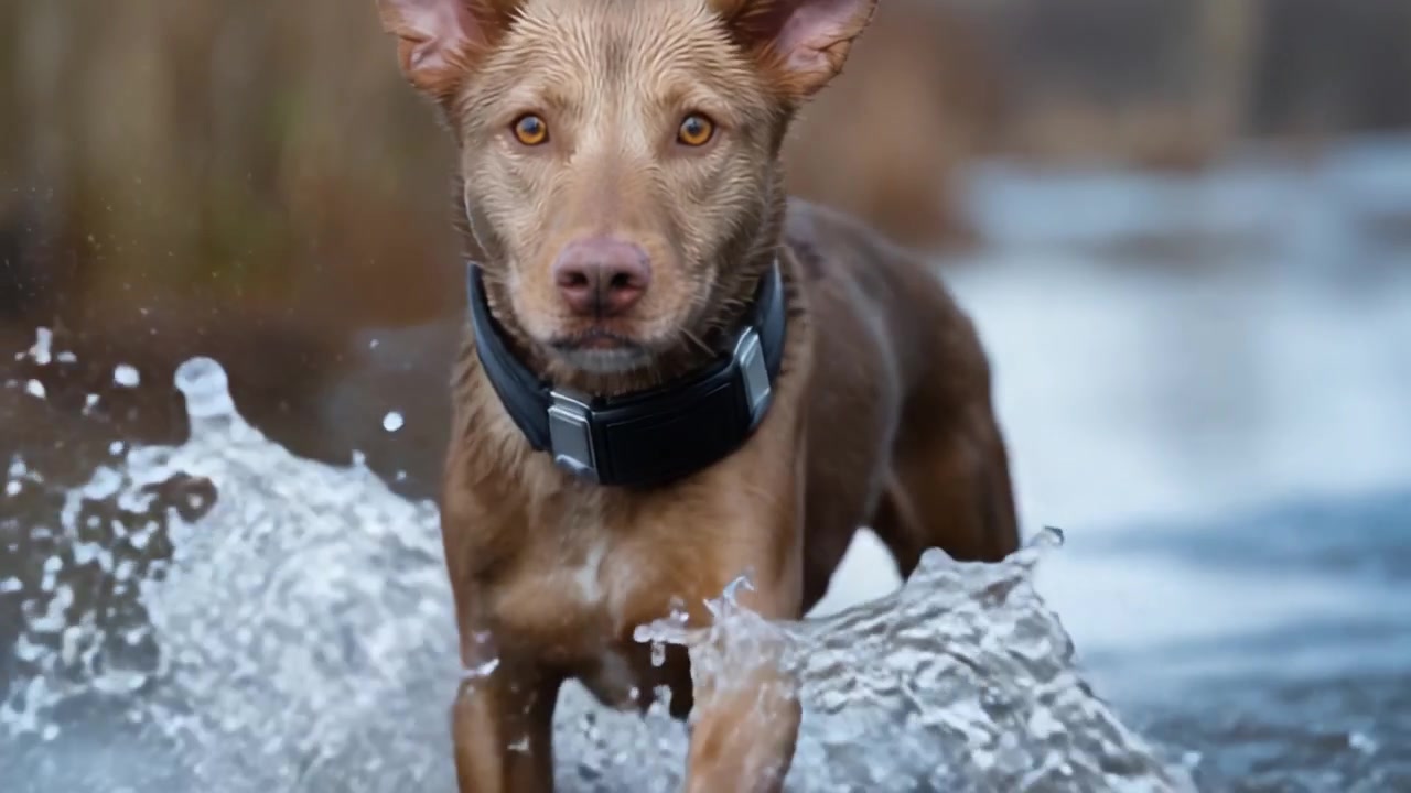 A playful dog splashes through shallow water, showcasing its joyful spirit and love for outdoor adventures while highlighting its beautiful coat and expressive eyes