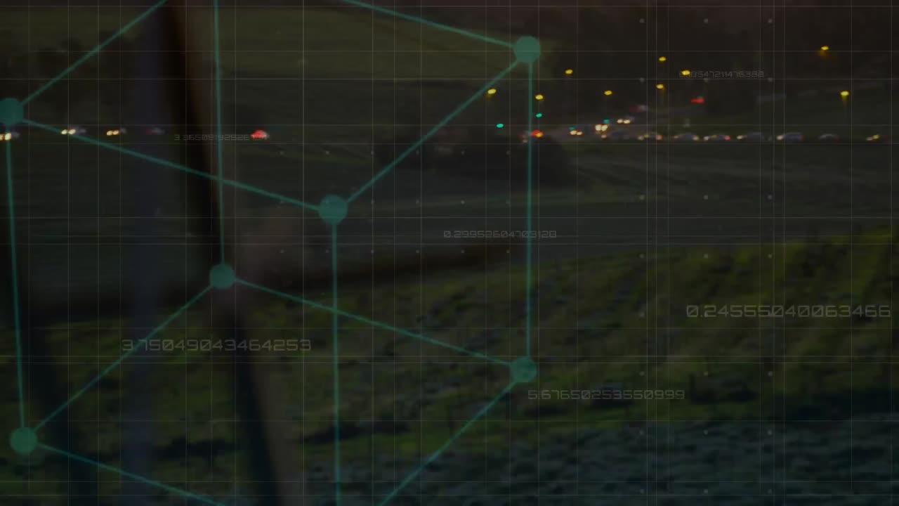 animación del procesamiento de datos y el cuadrado sobre el paisaje con pilón de electricidad