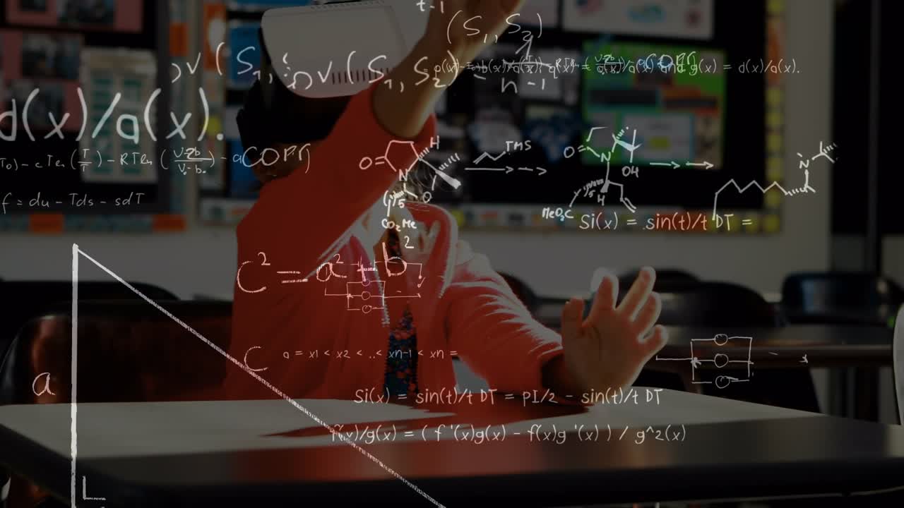 Animation of mathematical equations over schoolgirl using vr headset