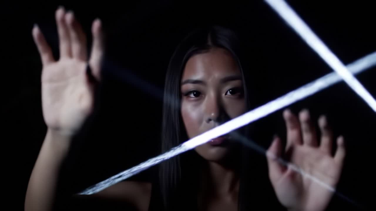 A dancer interacts with beams of light, creating visually stunning patterns in a dark space. The atmosphere is filled with creativity and movement, showcasing artistic expression.