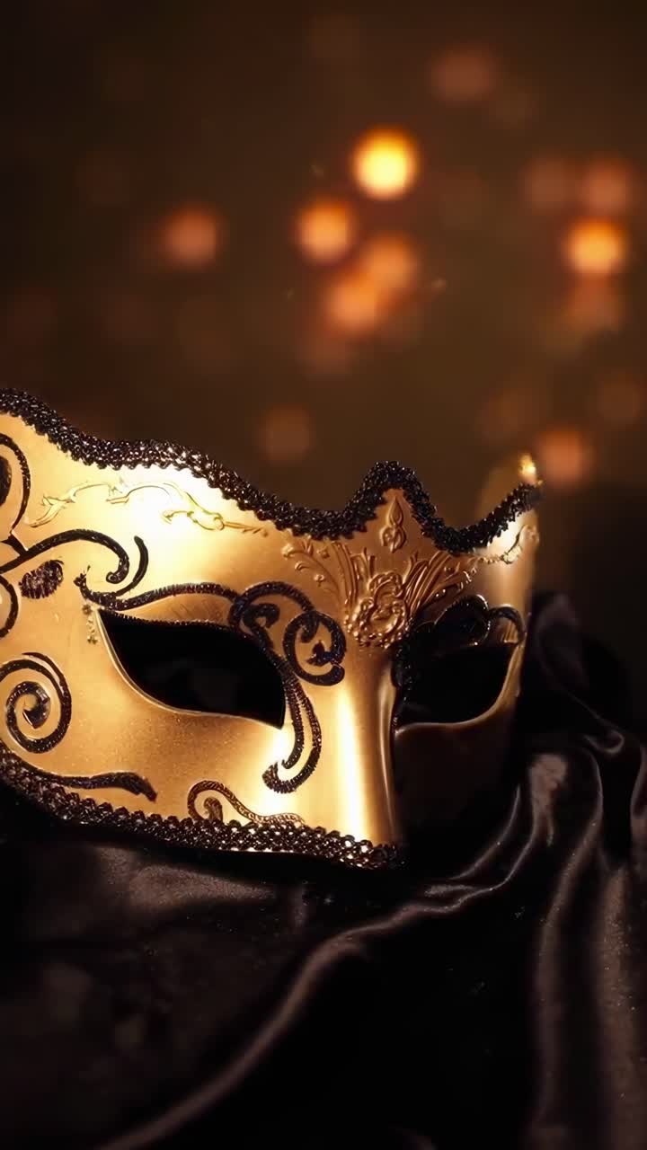 Video ravvicinato di una maschera d'oro ornata su seta, con luci bokeh sullo sfondo.